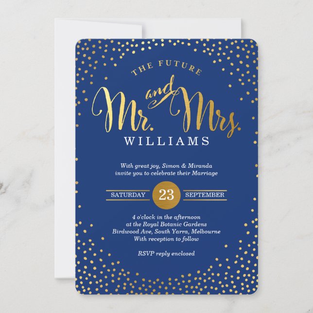 Invitación BODA ESTILO MODERNO mini armada de confeti dorado (Anverso)