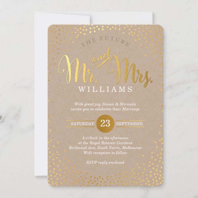 Invitación BODA ESTILO MODERNO mini-caja de confetti de oro (Anverso)