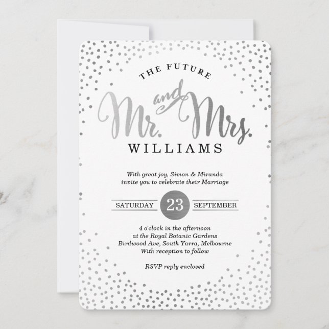 Invitación BODA ESTILO MODERNO mini confetti de plata negro (Anverso)