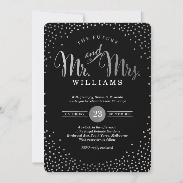 Invitación BODA ESTILO MODERNO mini confetti de plata negro (Anverso)