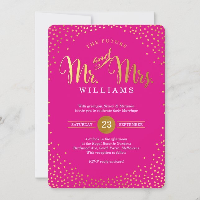 Invitación BODA ESTILO MODERNO mini confetti dorado rosado ca (Anverso)