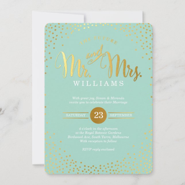 Invitación BODA ESTILO MODERNO mini oro menta de confetti (Anverso)