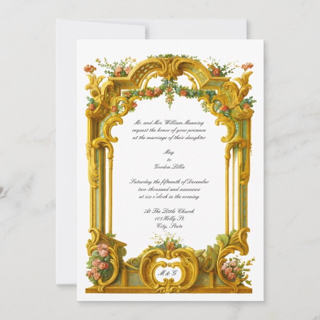 Invitación Boda Estilo Rococó Barroco Francés con Borde de Co (Anverso)