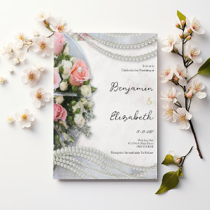Invitación Boda estilo vintage rosa blanca perla