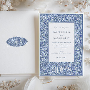 Invitación Boda estilo William Morris azul vintage