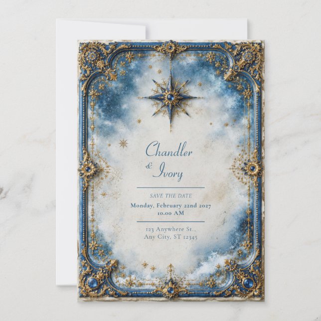 Invitación Boda Estrella Azul Dorada (Anverso)