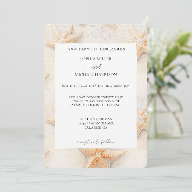 Invitación Boda Estrella de Mar Crema Marfil Playa (Anverso de pie)