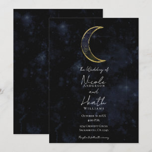 Invitación Boda Estrellada Nocturna Celeste Luna Dorada Negra