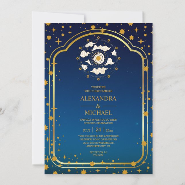 Invitación Boda Estrellas Celestiales Dorado Azul Místico Inv (Anverso)