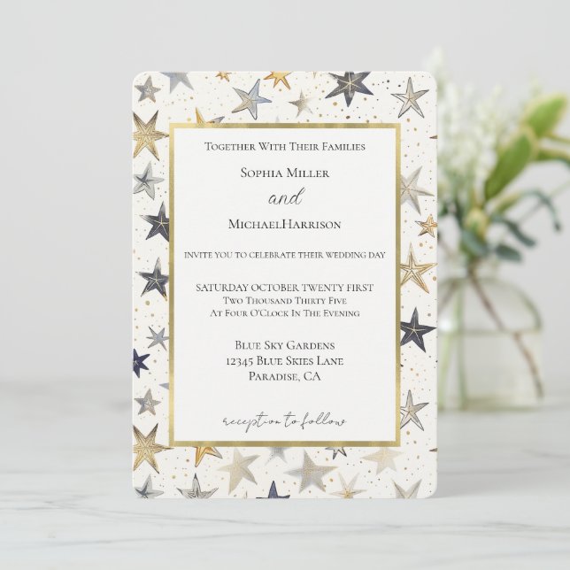 Invitación Boda Estrellas de Oro y Plata Azules (Anverso de pie)