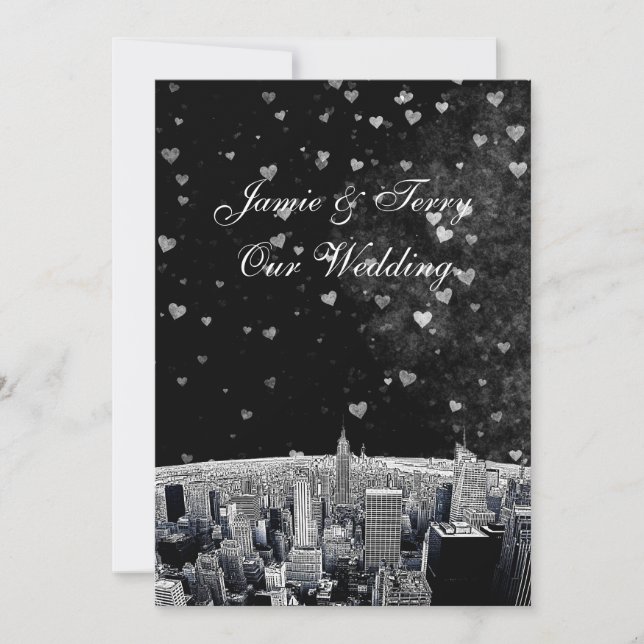 Invitación Boda Etched NYC Silueta #2 Negro Blanco Corazón (Anverso)