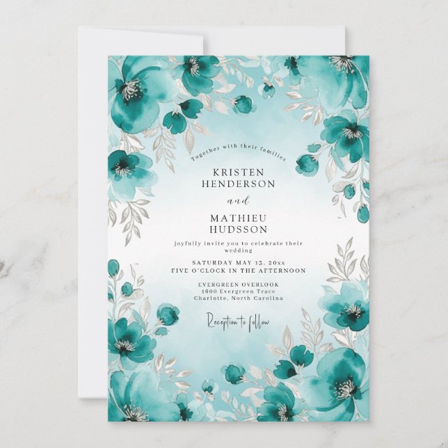 Invitación Boda Etérea Acuarela Verde Teal (Anverso)