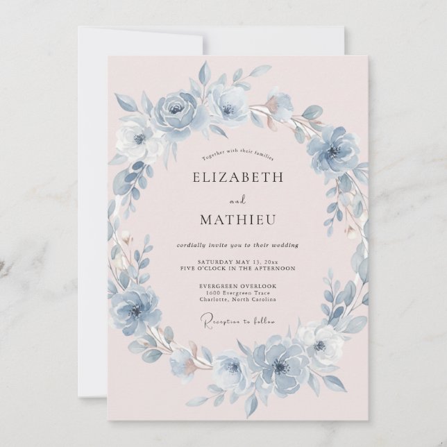 Invitación Boda Etérea Azul Polvoriento Rubor (Anverso)
