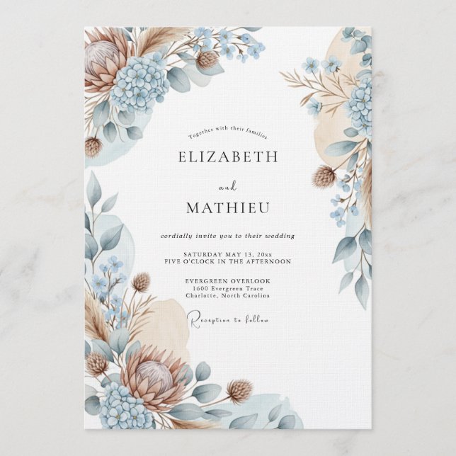 Invitación Boda Etérea Botánica Azul (Anverso)