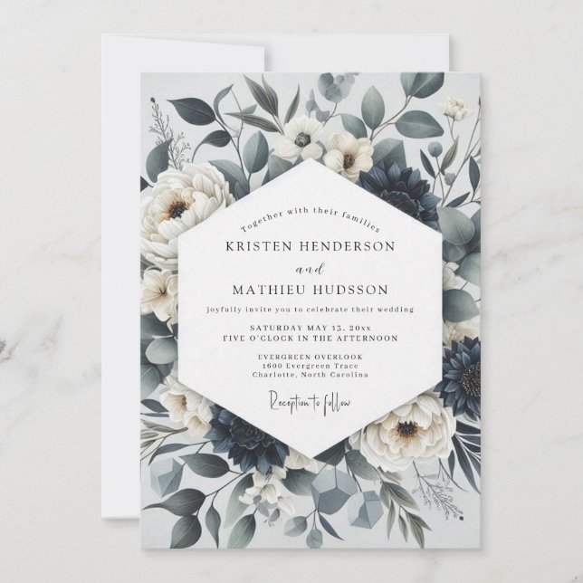Invitación Boda Etérea Botánica Azul Pizarra (Anverso)