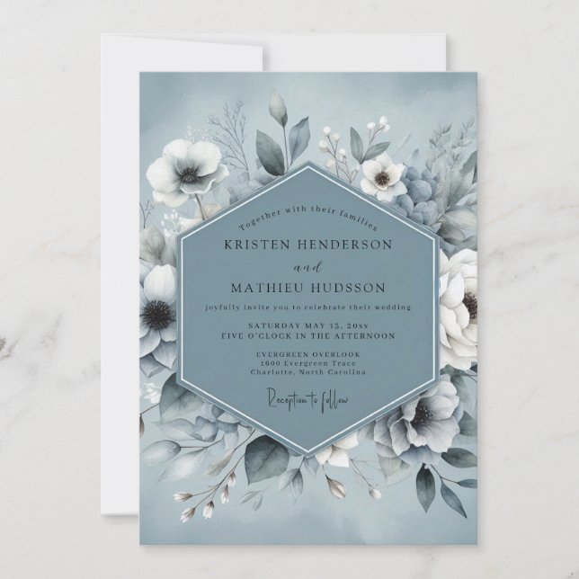 Invitación Boda Etérea Botánica Azul Pizarra (Anverso)