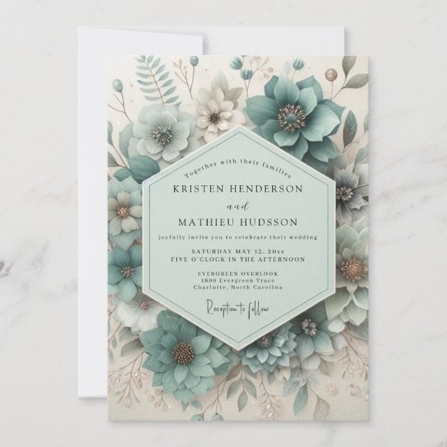 Invitación Boda Etérea Botánica Verde Teal (Anverso)