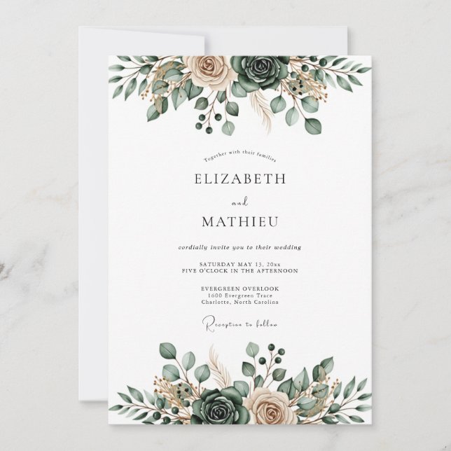 Invitación Boda Etérea con Flores de Verde Salvia (Anverso)