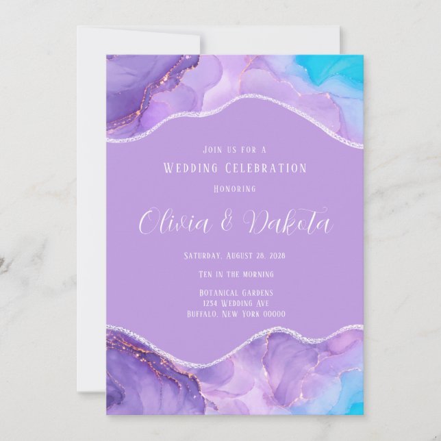 Invitación Boda Etérea con Tinta de Alcohol Morado Turquesa (Anverso)