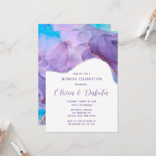 Invitación Boda Etérea con Tinta de Alcohol Purpura Turquesa