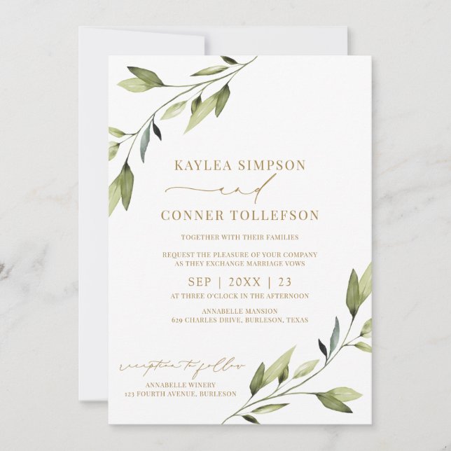 Invitación Boda Etérea Cuento de Hadas Verde Dorado Vides (Anverso)