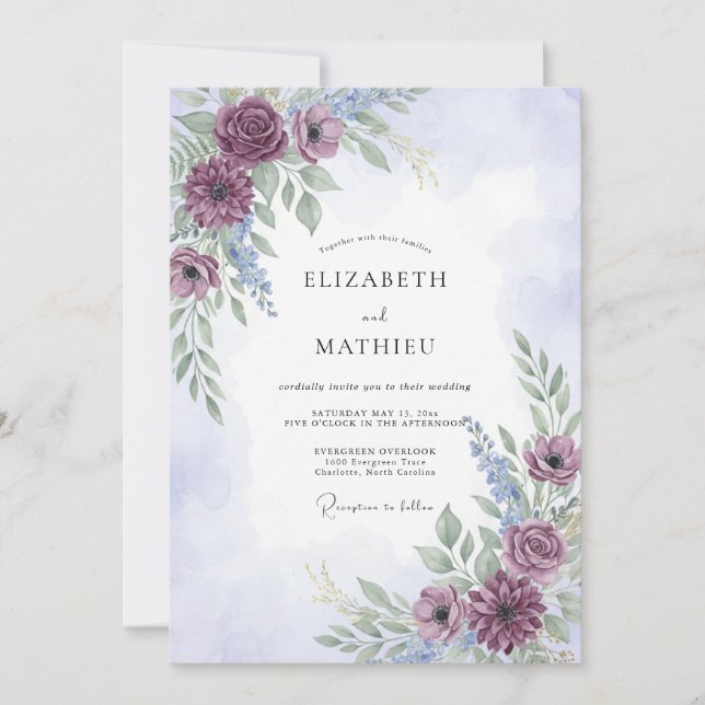 Invitación Boda Etérea de Acuarela de Ciruela (Anverso)