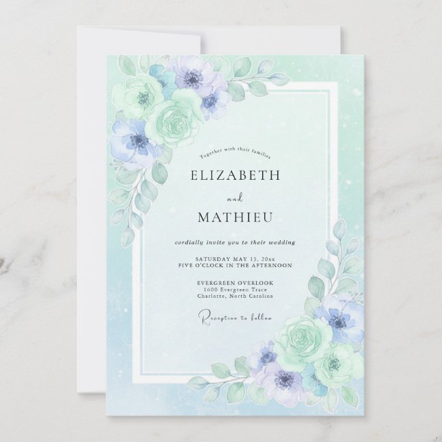 Invitación Boda Etérea de Anémonas Verde Menta (Anverso)