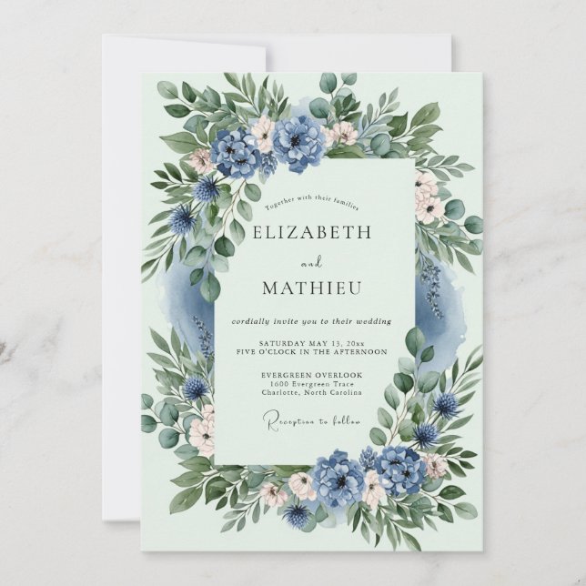 Invitación Boda Etérea de Azul Polvoriento de Primavera (Anverso)