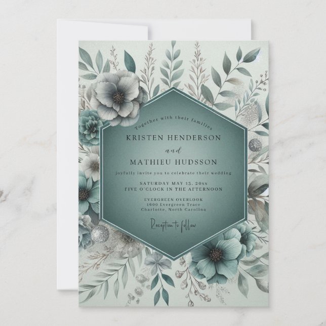 Invitación Boda Etérea de Bosque en Verde Azul (Anverso)