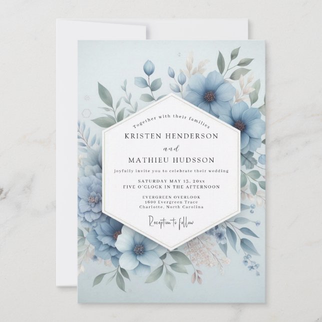 Invitación Boda Etérea de Flor Azul Pálido (Anverso)