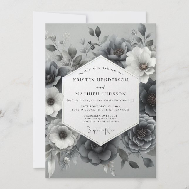 Invitación Boda Etérea de Flor Gris Pizarra (Anverso)