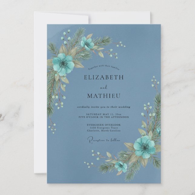 Invitación Boda Etérea de Invierno Azul Acero (Anverso)