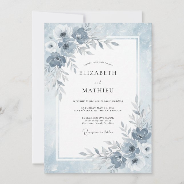 Invitación Boda Etérea de Invierno en Azul Polvoriento (Anverso)