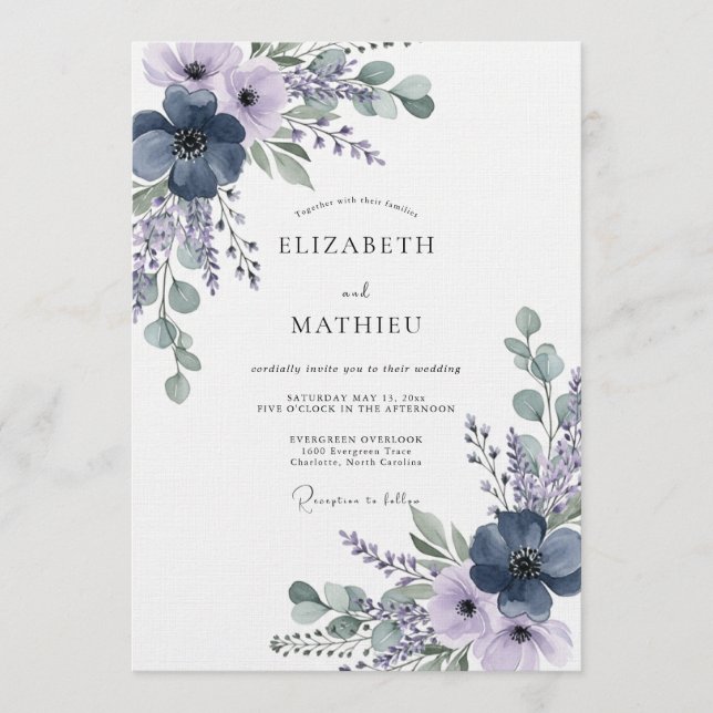 Invitación Boda Etérea de Lavanda Azul Marino (Anverso)