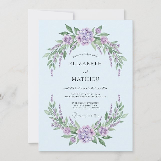 Invitación Boda Etérea de Lavanda Azul Polvo (Anverso)