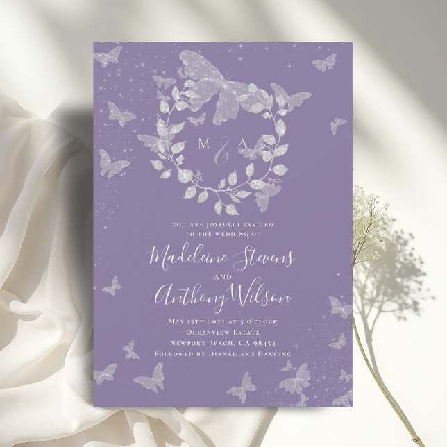Invitación Boda Etérea de Mariposa de Eucalipto Lavanda (lavender wedding invitation butterflies eucalyptus crest modern classic romantic elegant calligraphy)