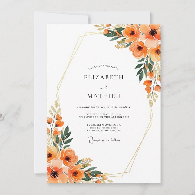 Invitación Boda Etérea de Otoño Naranja (Anverso)
