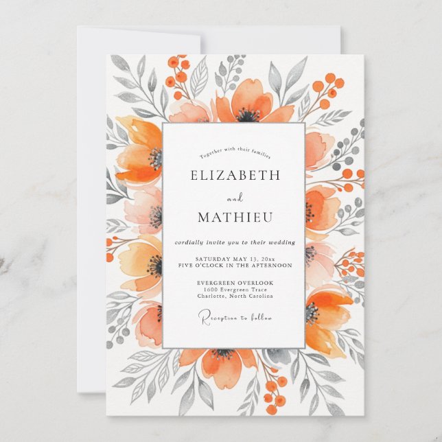 Invitación Boda Etérea de Otoño Naranja (Anverso)