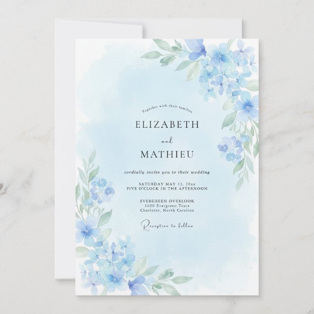Invitación Boda Etérea de Primavera Azul Cielo (Anverso)