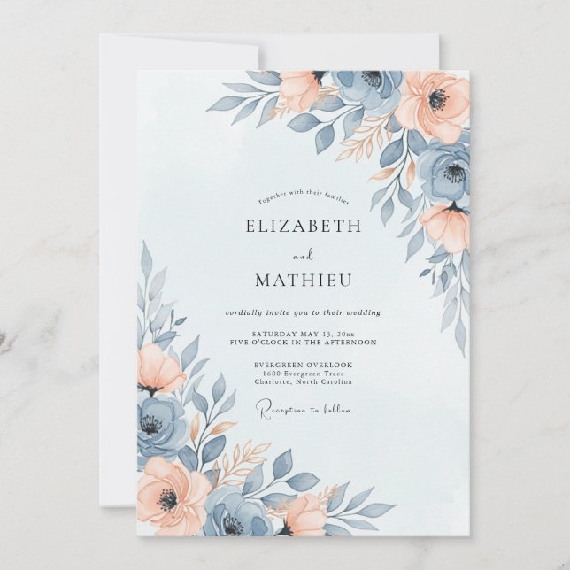 Invitación Boda Etérea de Primavera Azul Pizarra (Anverso)