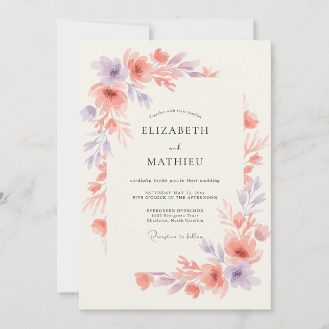 Invitación Boda etérea de primavera con lavanda y melocotón (Anverso)