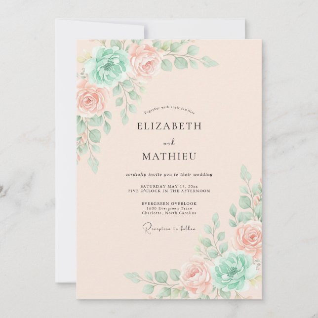 Invitación Boda Etérea de Primavera con Menta y Melocotón (Anverso)