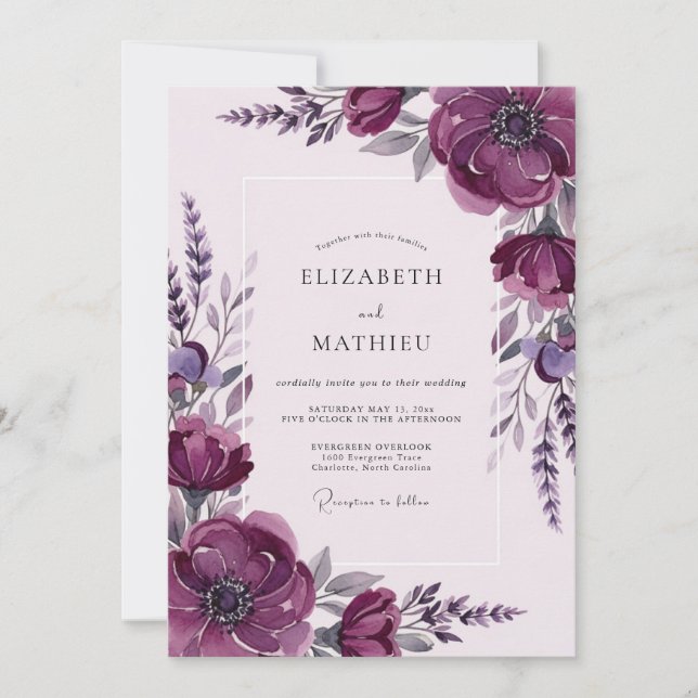 Invitación Boda Etérea de Primavera con Púrpura Profundo (Anverso)