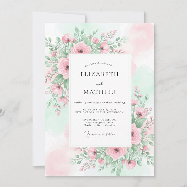 Invitación Boda Etérea de Primavera con Rosa Tinto y Menta (Anverso)
