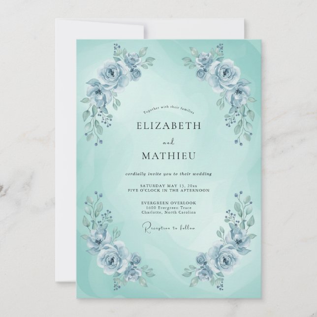 Invitación Boda Etérea de Primavera en Azul Menta (Anverso)
