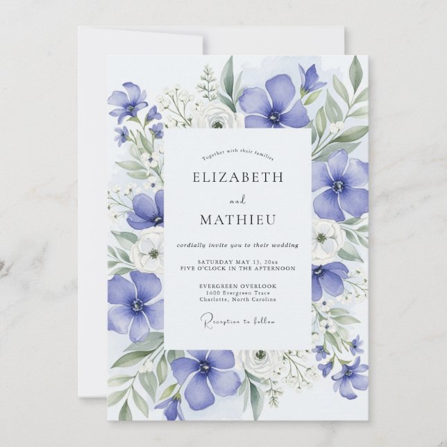 Invitación Boda Etérea de Primavera en Azul Periwinkle (Anverso)