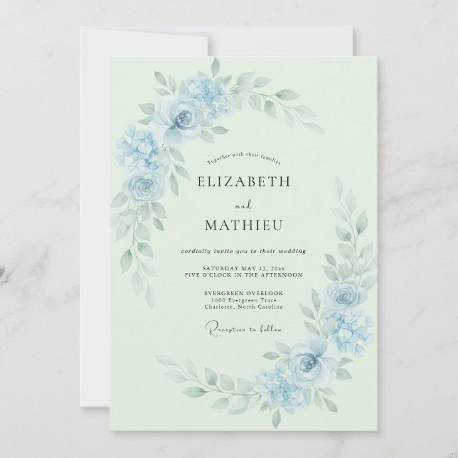 Invitación Boda Etérea de Primavera en Azul Polvo (Anverso)