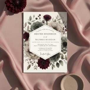 Invitación Boda Etérea de Terciopelo Borgoña Florido