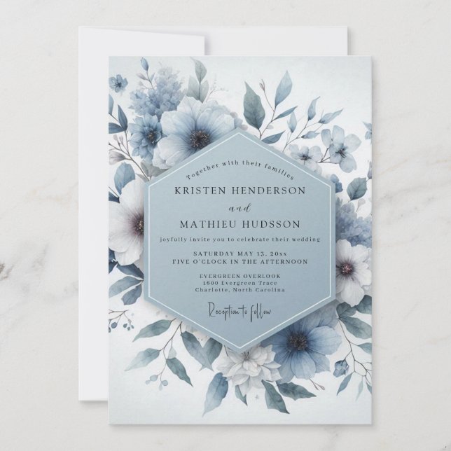 Invitación Boda Etérea Floral Azul (Anverso)