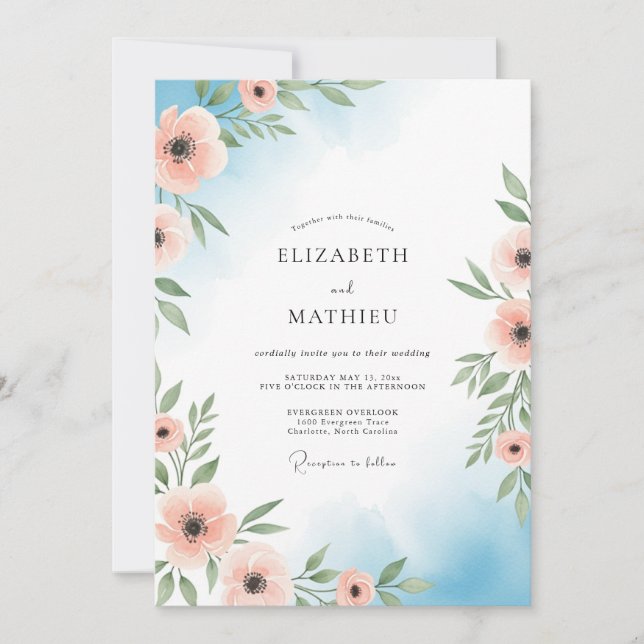 Invitación Boda Etérea Floral de Melocotón (Anverso)
